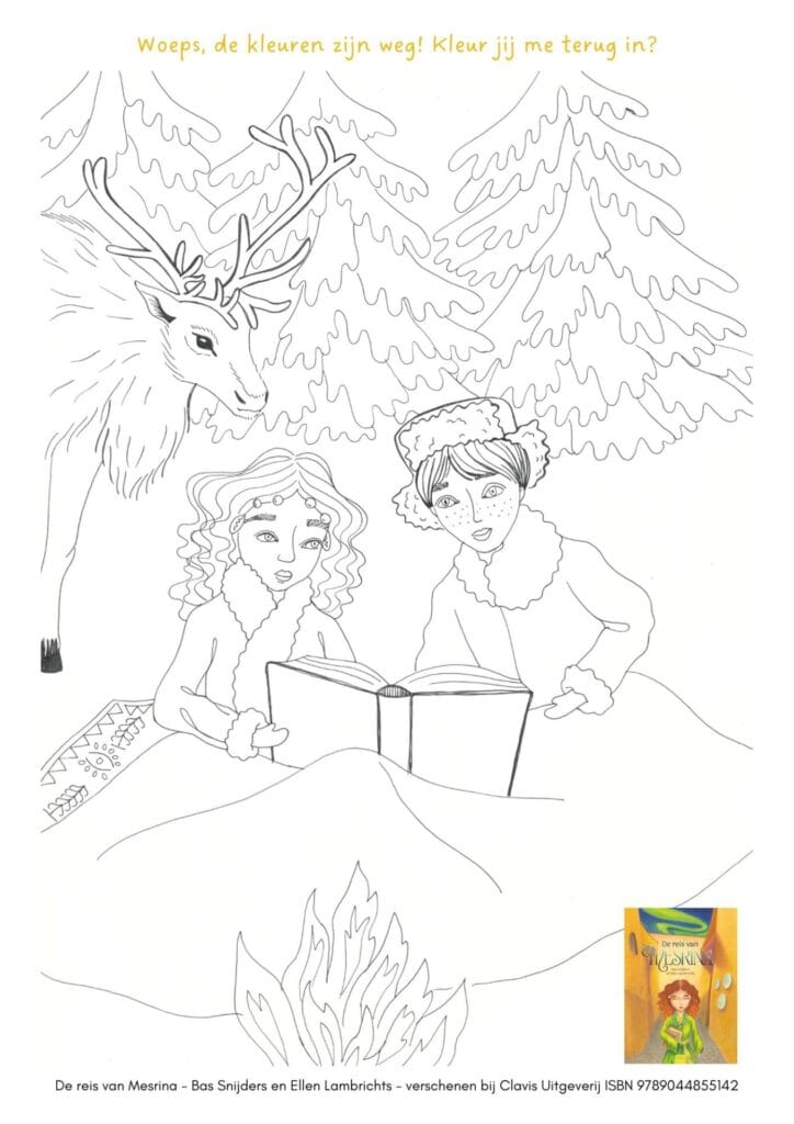 Kleurplaat bij het boek De reis van Mesrina, ontworpen door Ellen Lambrichts.