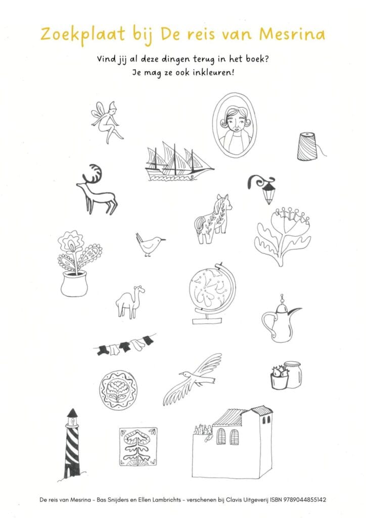 Zoekplaatplaat bij het boek De reis van Mesrina, ontworpen door Ellen Lambrichts.