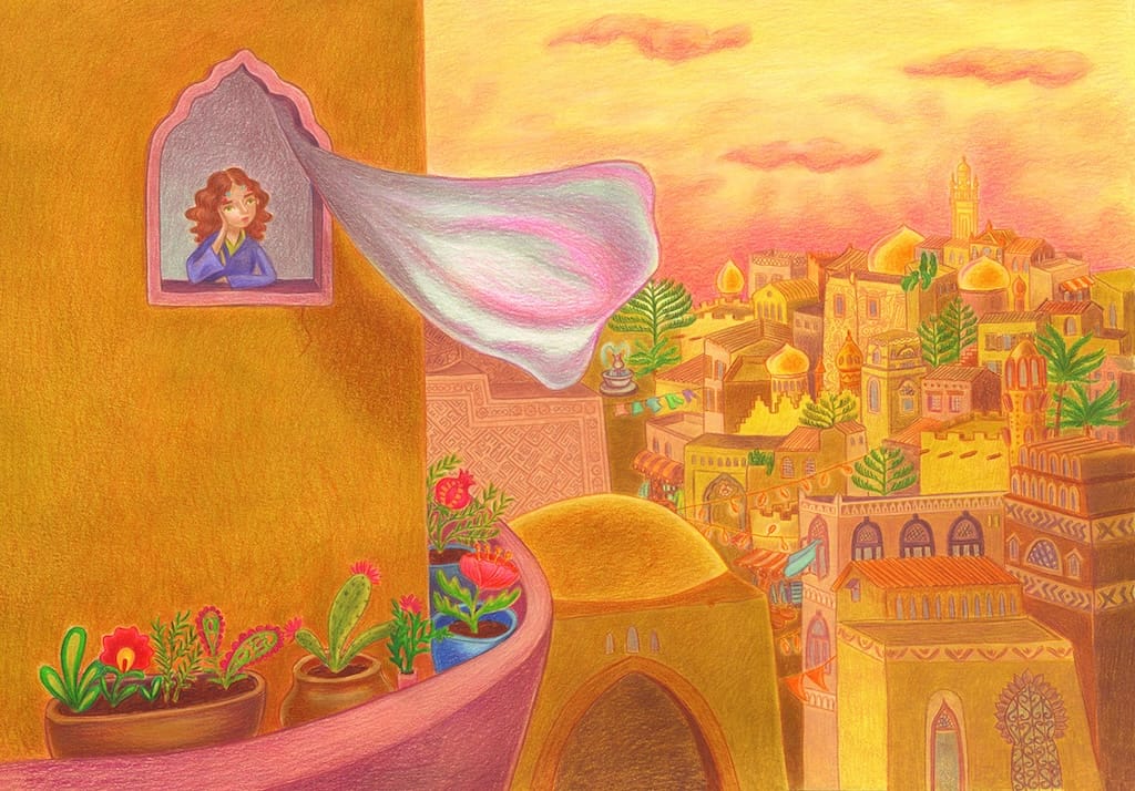 Spread uit het prentenboek de Reis van Mesrina, geillustreerd door Ellen Lambrichts.