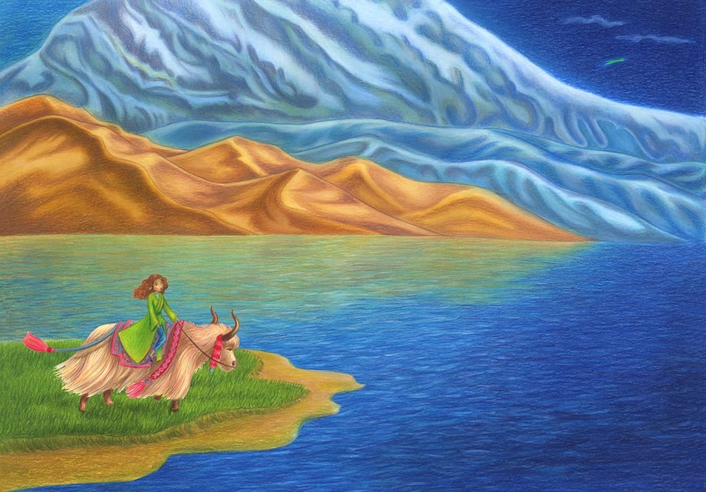 Spread uit het prentenboek de Reis van Mesrina, geillustreerd door Ellen Lambrichts.